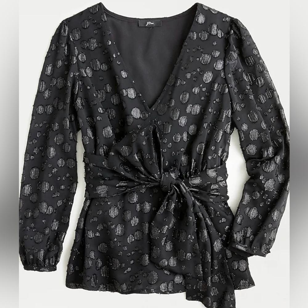 J.Crew XS Tie-waist V-neck Black Top in Metallic Dot Jacquard